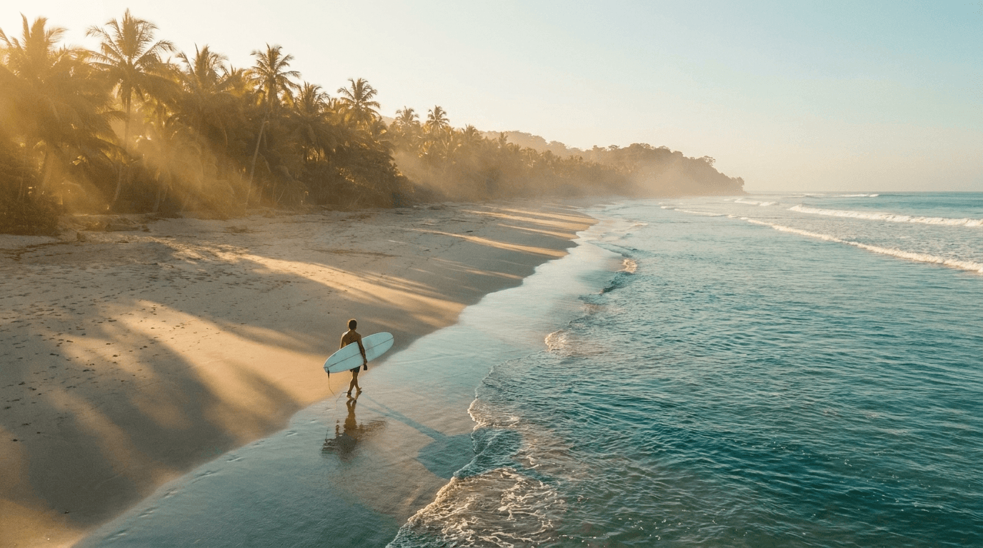 Surfista caminando por la orilla al amanecer